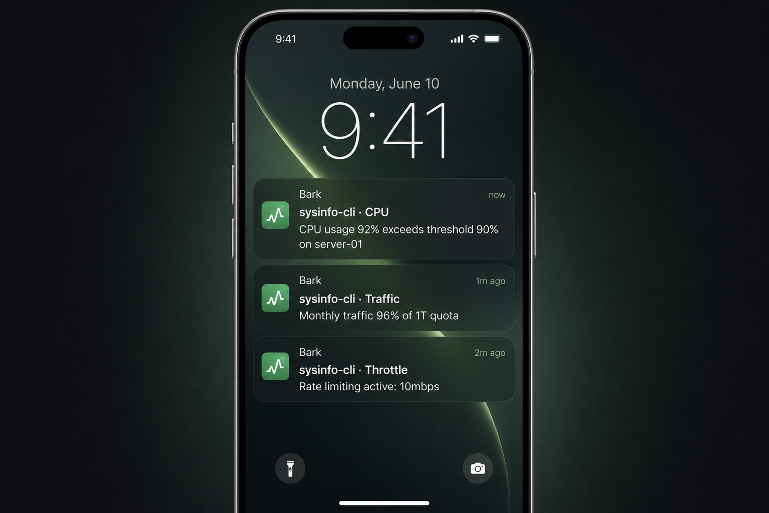 iPhone lock screen showing sysinfo-cli Bark push notifications for CPU, traffic and throttle alerts